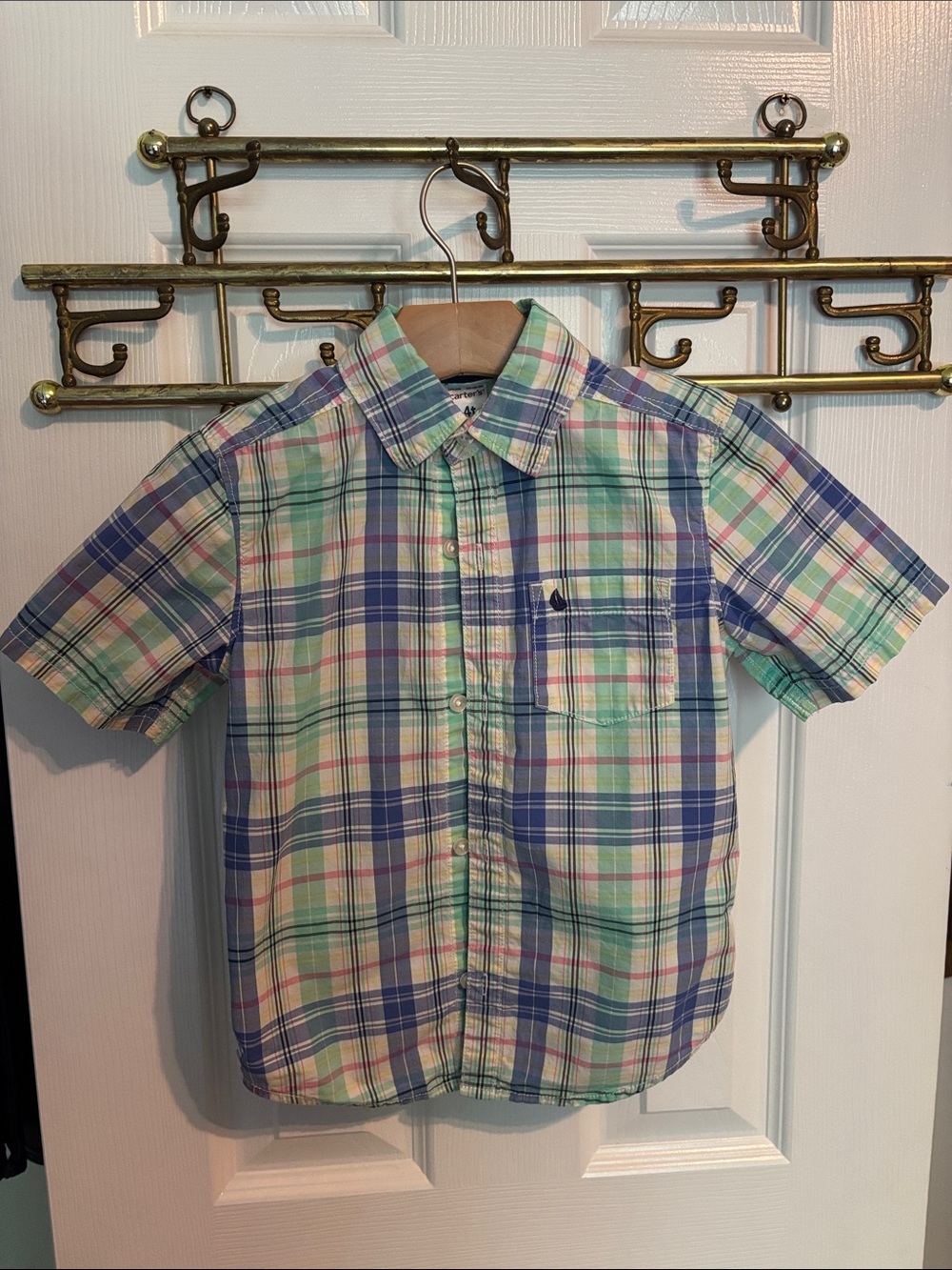 Boys Plaid Short-Sleeve Shirt - Pastel Green & Blue - Size 4T